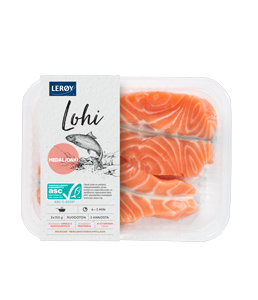 Kaksi lohimedaljonkia rasiassa